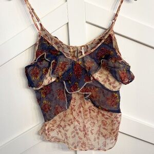 Free People Navy and Cream Floral Ruffle Top